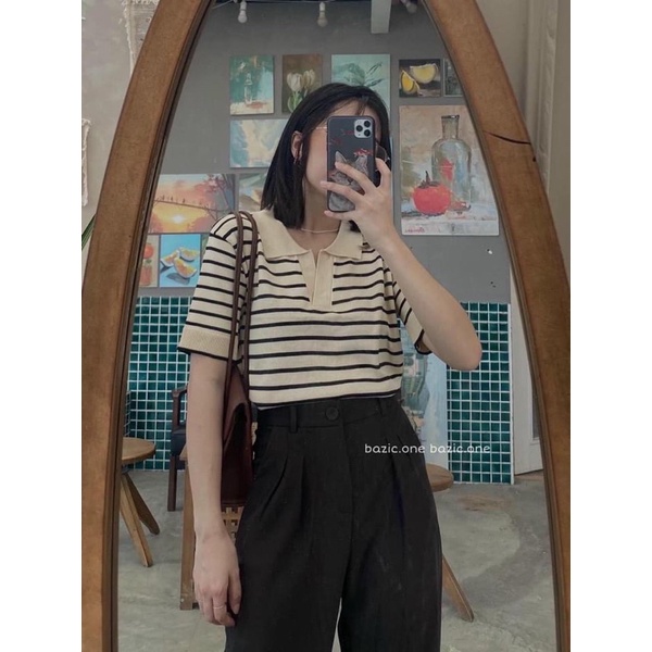 Áo len mongtoghi cổ đức ngắn tay kẻ sọc xinh xắn