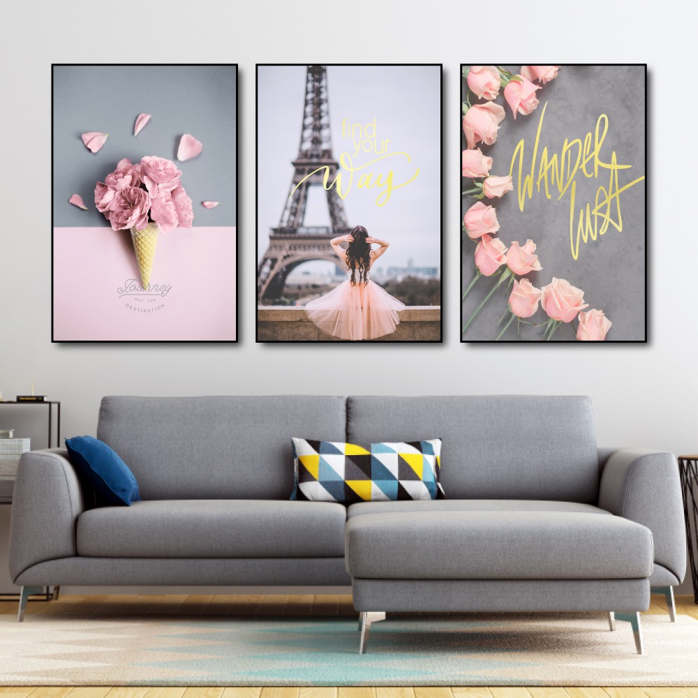 Tranh treo tường canvas Paris lãng mạn decor trang trí phòng khách và phòng ngủ có khung cao cấp bộ 3 bức khổ lớn 40x60