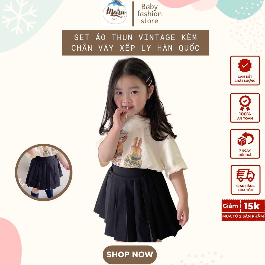 Set áo thun vintage tay rơi kèm chân váy xếp ly phong cách Hàn cao cấp cho bé gái từ 3-8 tuổi