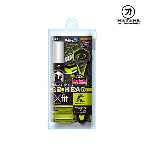 Dao cạo râu cao cấp Nhật KAI Xfit 5 blade màu xanh 2 đầu thay kèm bọt cạo râu (túi)