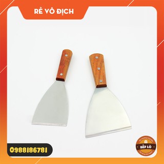 Xẻng chiên, xẻng xúc bánh, xẻng trộn lưỡi tam giác bằng thép không gỉ có cán gỗ cầm tay chống nóng HÀNG MỚI