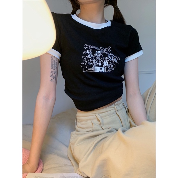 Áo Thun Croptop Tay Ngắn Cổ Tròn Ôm Body Viền Màu In Chữ Boinci Dễ Thương Thời Trang Cho Nữ Luviecloset