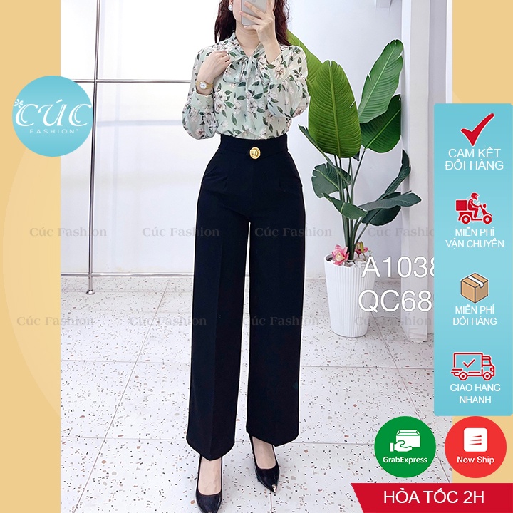 Quần ống rộng Cúc Fashion quần ống suông nữ vải lưng cạp cao dài loe culottes xuông màu đen trắng công sở QC689