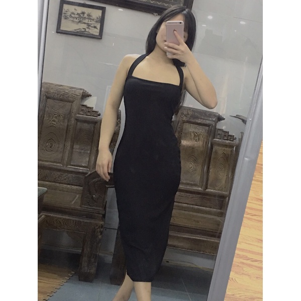 Đầm body cổ yếm dáng dài váy maxi cổ yếm xẻ tà