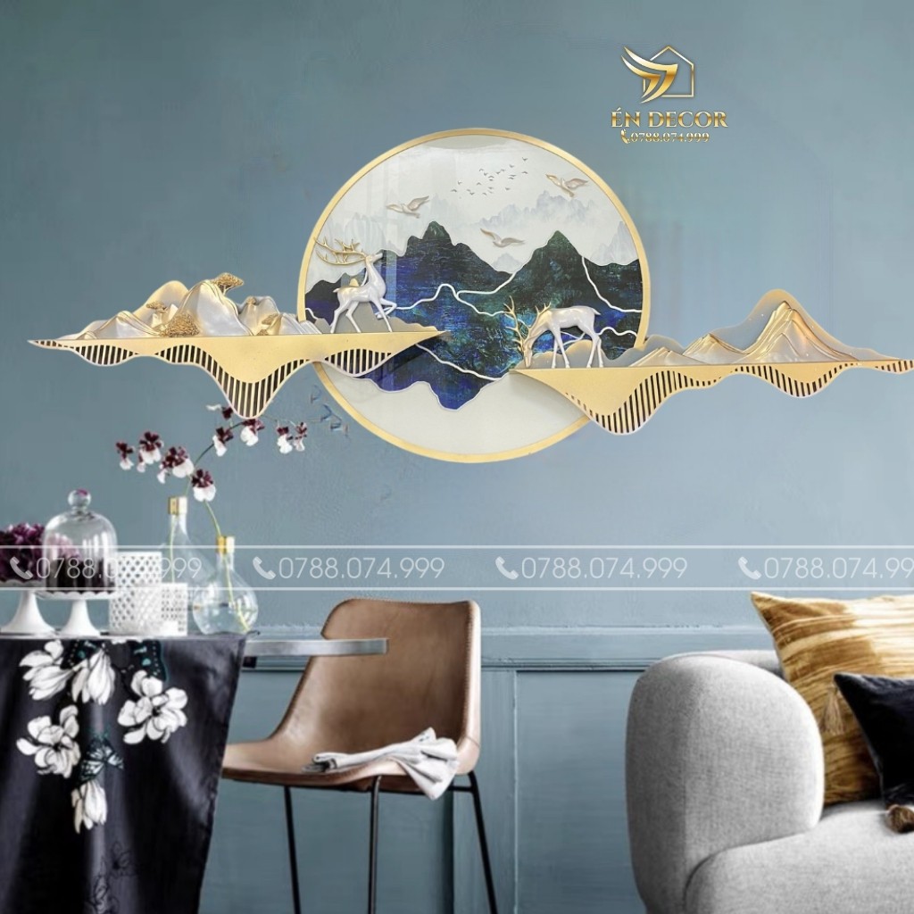 Tranh Phong Cảnh Treo Tường Đôi Hươu Nghệ Thuật, Tranh Sắt, Tranh Gắn Tường Én Decor
