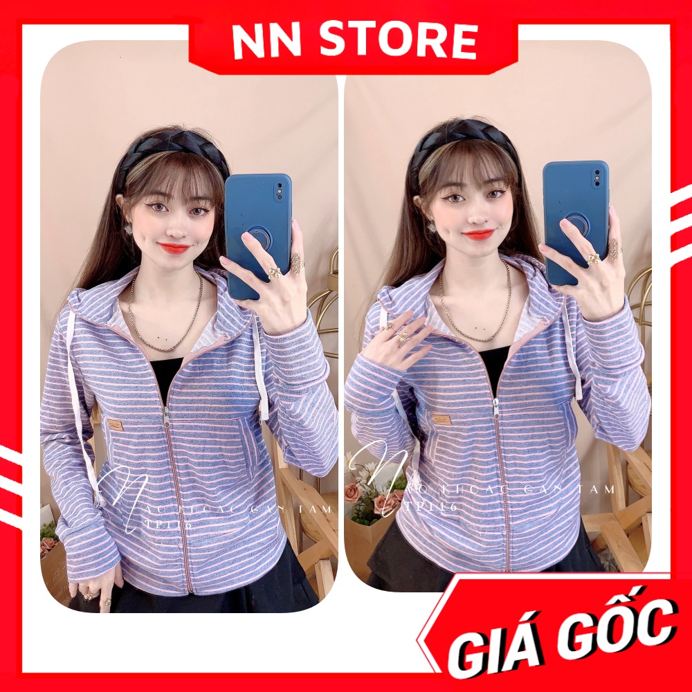 Áo khoác nữ có nón chất thun gân tăm mềm mát co giãn lên phom siêu ôm dáng phối sọc dễ thương TP116
