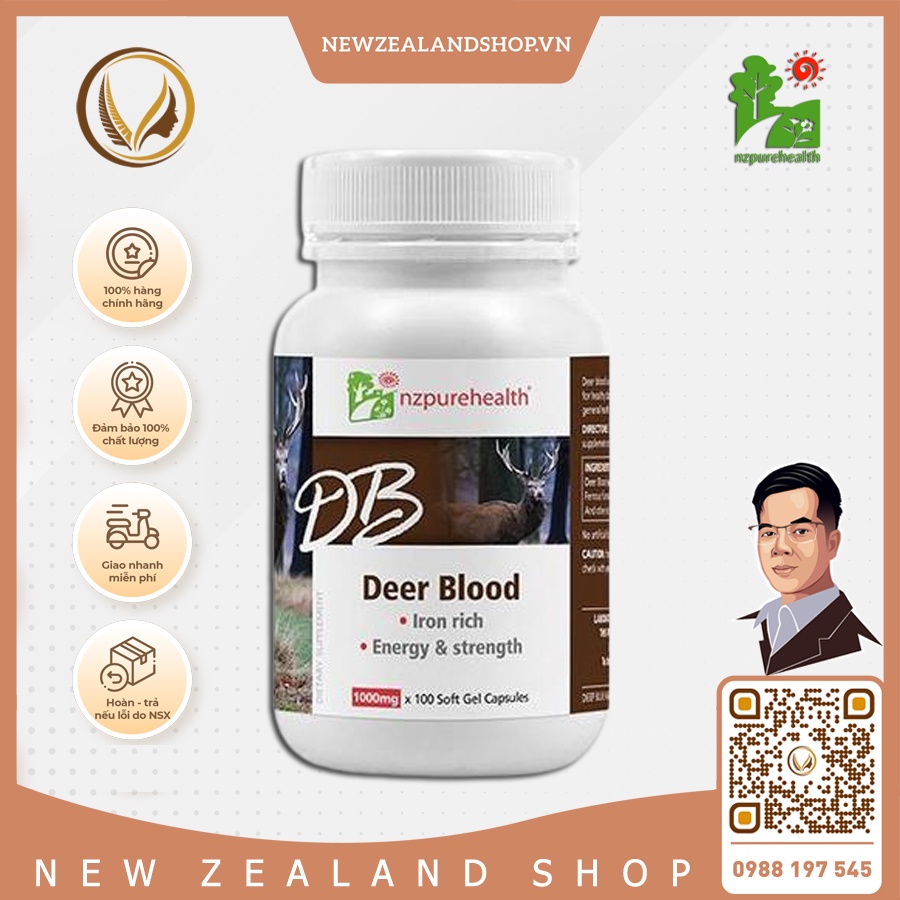 Nzpurehealth Deer Blood Viên bổ máu, bổ sắt từ Máu hươu(100 viên)