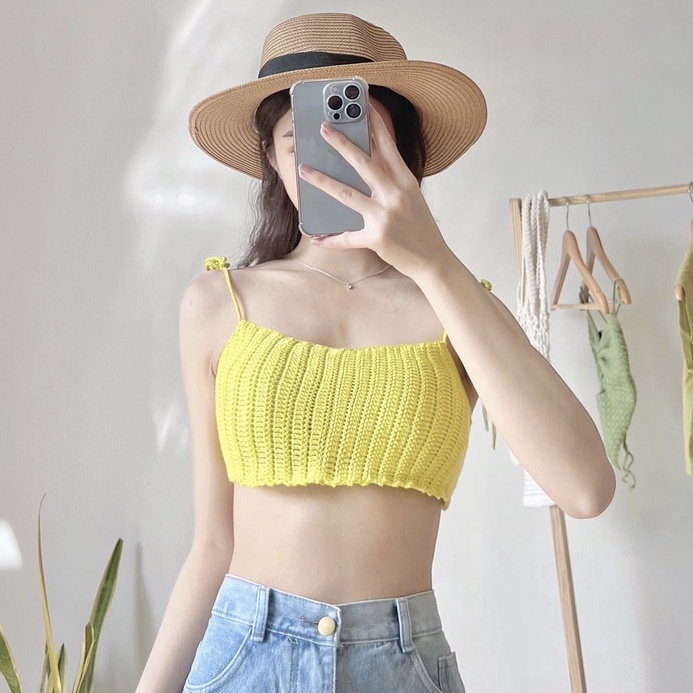 Áo crotop 2 dây La Boutique len đan dây handmade màu sắc rực rỡ đi biển du lịch