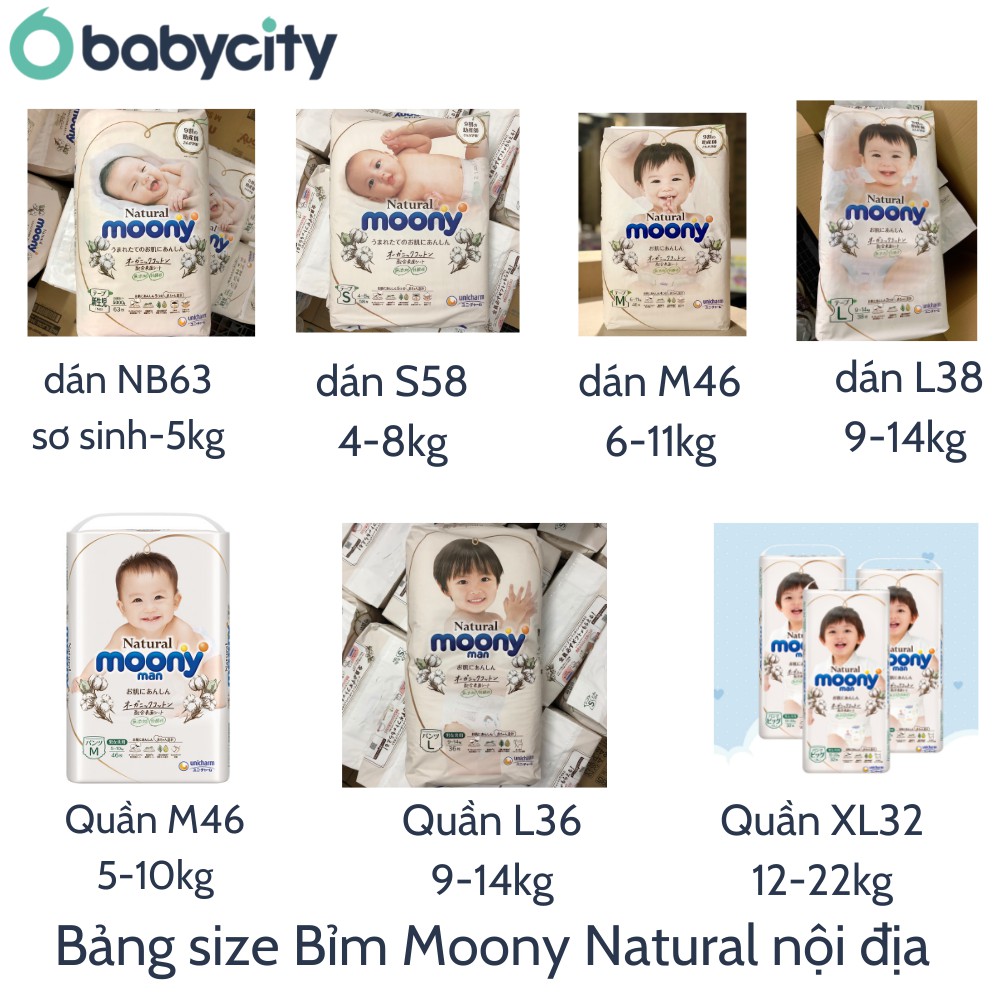 Bỉm Moony Natural Nội Địa - Bỉm Moony Dán/Quần Đủ Size NB63/S58/M46/M46/L36/XL32