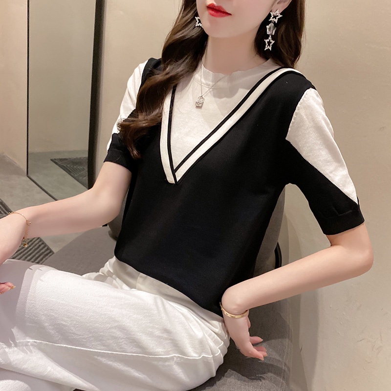 Áo dệt kim ZHELIHANGFEI ngắn tay phối màu thiết kế thời trang mùa hè cho nữ