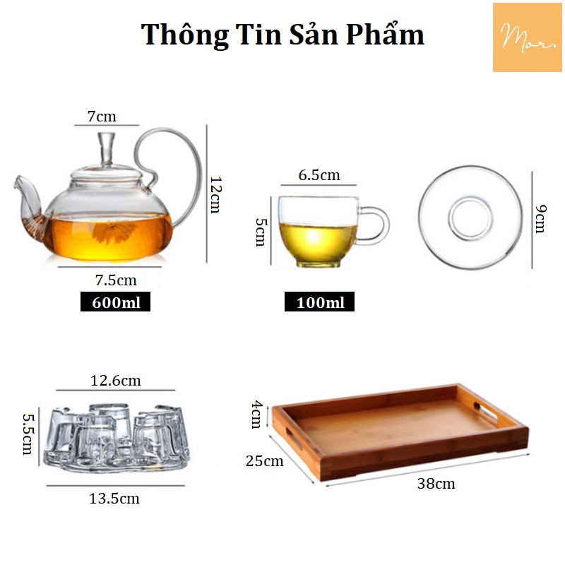 Bộ ấm trà thủy tinh chịu nhiệt - 600ml (Quai bồng)