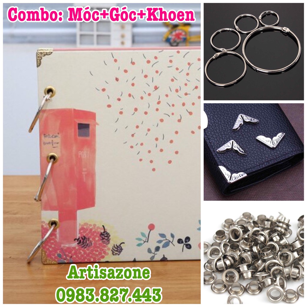 Combo nguyên liệu làm Scrapbook, album (8 Bo góc, 3 móc tròn, 6 khoen tròn)