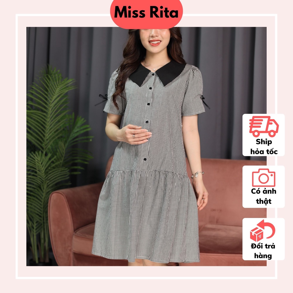 Đầm bầu mùa hè cổ caro đuôi cá dài cổ lá sen đen bổ nẹp thiết kế bởi Miss Rita