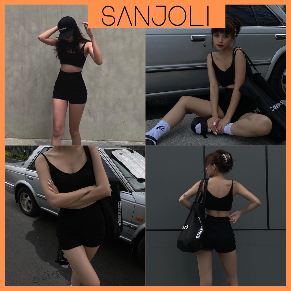 Set Áo Croptop SANJOLI Set Bộ Thể Thao Nữ Áo 2 Dây Phối Quần Đùi Biker Cá Tính AOE12