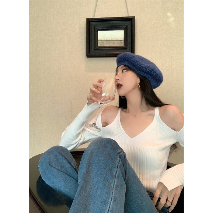 QKOOLE  Áo crop top Nữ Tay Dài Trễ Vai Quyến Rũ