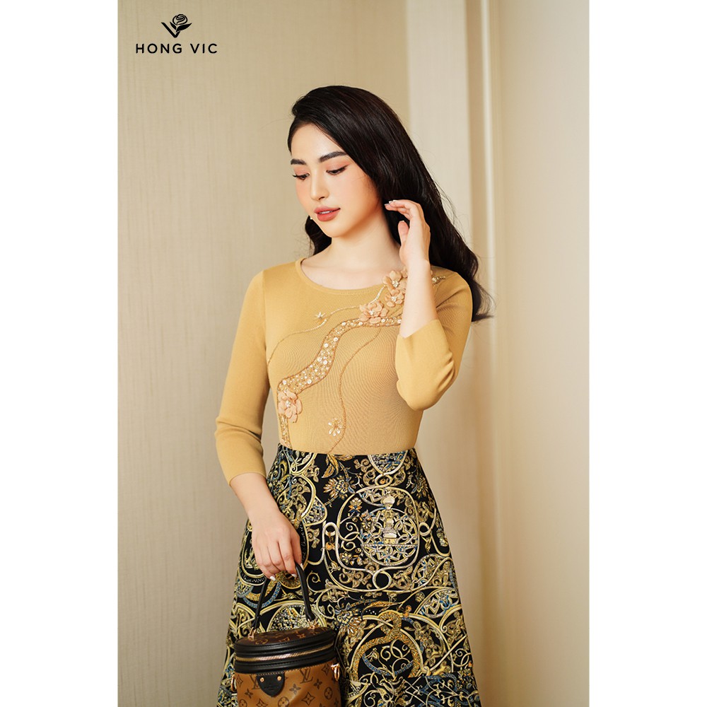 Áo nữ thiết kế Hongvic len vàng kem xẻ tà AL16