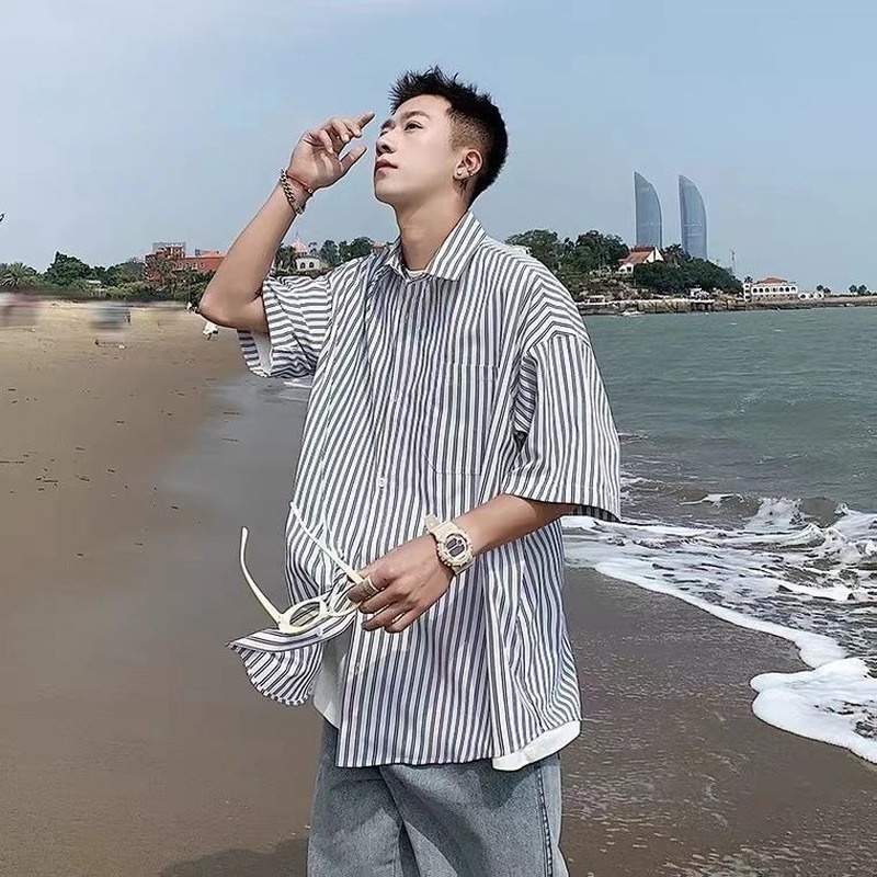 Áo Sơ Mi Tay Ngắn Kẻ Sọc Thời Trang Hàn Quốc Cho Nam