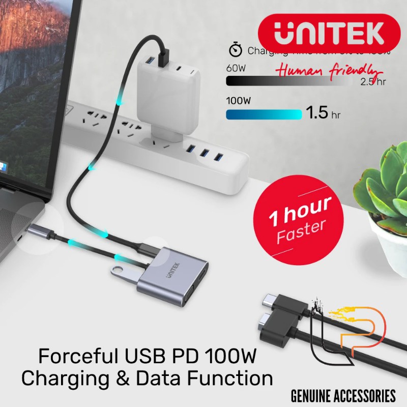 CÁP CHUYỂN TYPE-C RA USB 3.0 + HDMI + VGA KÈM NGUỒN PD 100W UNITEK D1049A