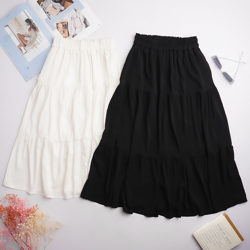 Chân váy dài qua gối chất đẹp nhất ngành - chân váy midi 3 tầng chất voan mềm đẹp, phong cách Ulzzang