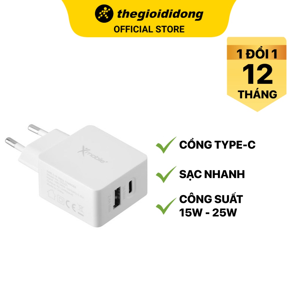 Adapter Sạc 2 cổng USB 2.4A Type C 3A Xmobile DS165 Trắng