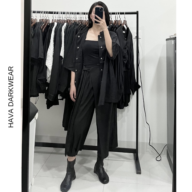 Quần váy màu đen HAVADW vạt chéo cá tính chất trượt hàn mềm mát Q57