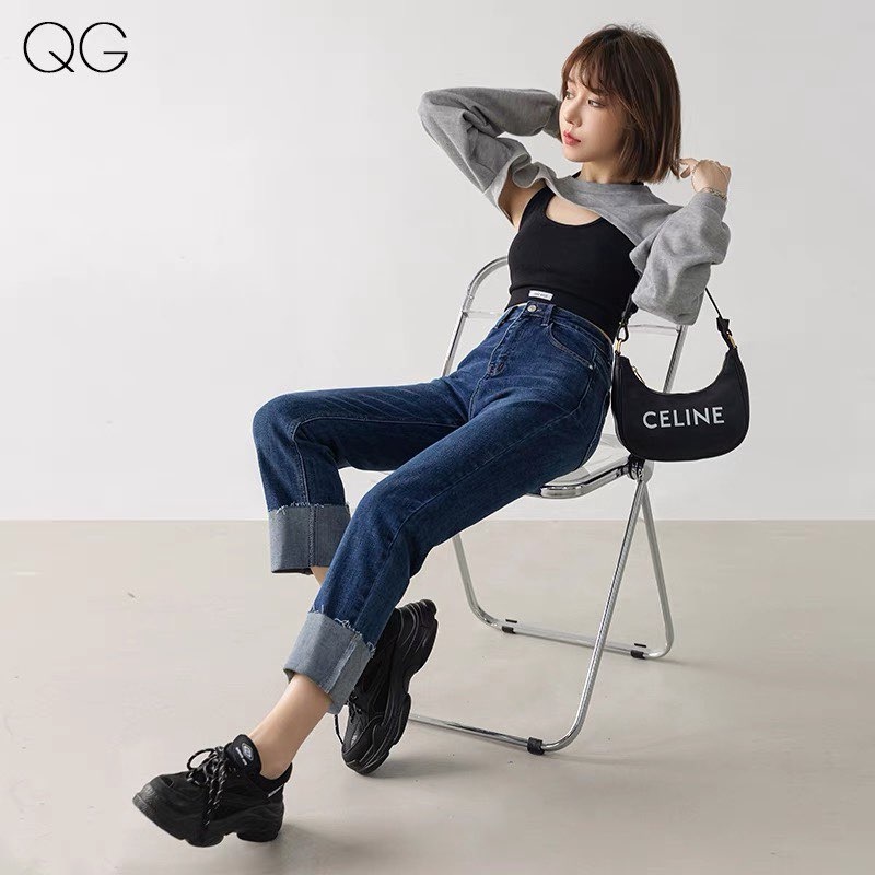 Quần slim jean nữ ống đứng lật lai - Quần bò nữ ống đứng co dãn Hot trend quảng châu lưng cao hàng sẵn