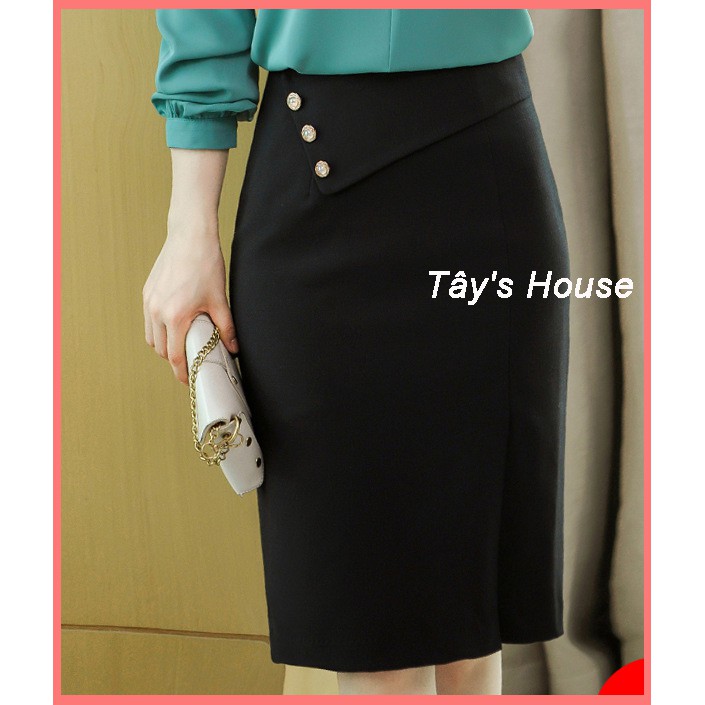 Chân Váy Bút Chì Phối Vạt Chéo Đính Nút Cao Cấp TÂY COLLECTION