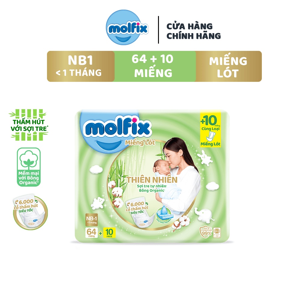 Miếng lót sơ sinh Molfix Thiên nhiên Jumbo Newborn 1 (dưới 1 tháng tuổi) Gói 64+10 miếng