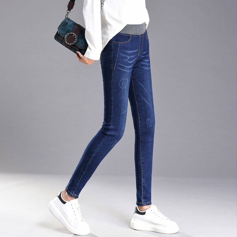 bán trước đẹp trai❅™◕[Quần đơn / nhung] quần jean eo cao mùa thu và đông mỏng phiên bản áo cotton size lớn đàn h