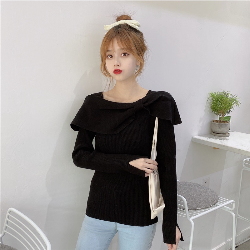 Sẵn áo len nữ ôm body cổ viền nơ trùm vai điệu đà tiểu thư công sở,phù hợp đi làm đi chơi