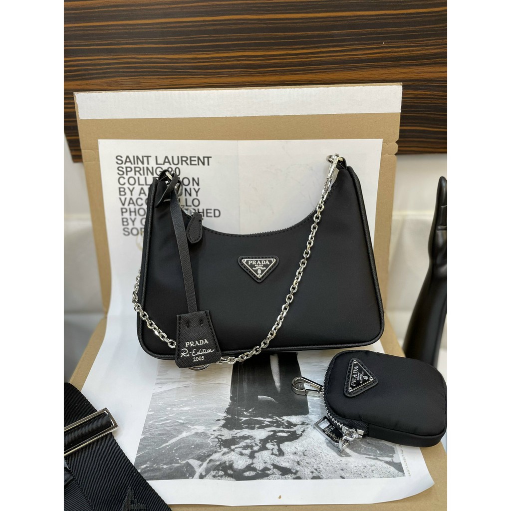 Túi Prada kèm ví vải dù super màu đen size 22cm