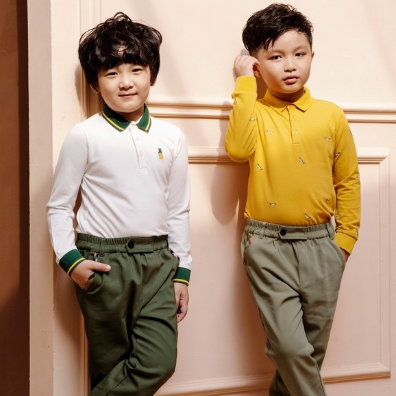 Áo polo dài tay 137KIDS dứa trắng cổ xanh cho bé trai