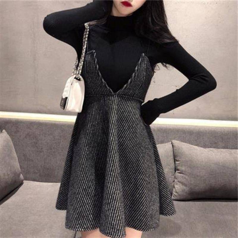 Set Áo Thun Dài Tay + Đầm Dệt Kim Màu Đen Thời Trang Thu Đông Dành Cho Nữ