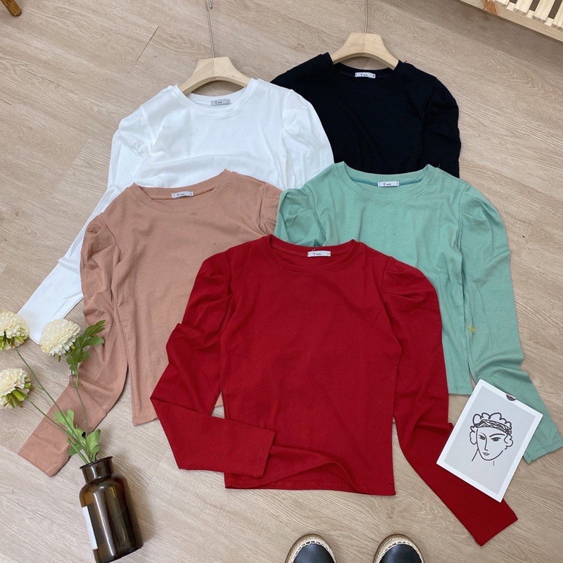 Áo thun tay bồng cổ tròn, Áo kiểu nhún vai dài tay cotton zip co giãn 4c - NhiNhiShop