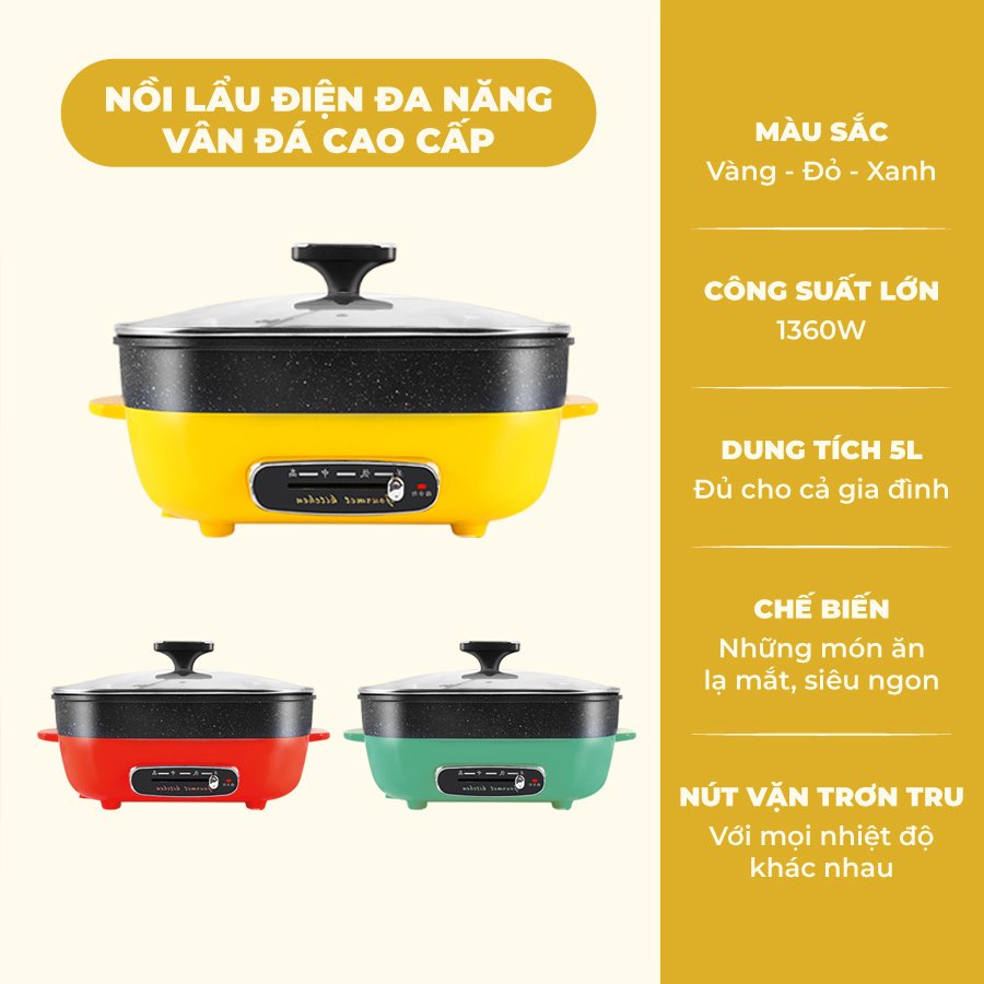 Nồi lẩu điện đa chức năng Bếp lẩu nướng vân đá chống dính chiên xào nấu, Bếp điện đa năng lau rửa dễ dàng