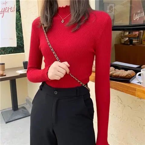 Áo Giữ Nhiệt New Slim Solid Color Half-high Collar Long-sleeved Knit Bottoming Shirt Women