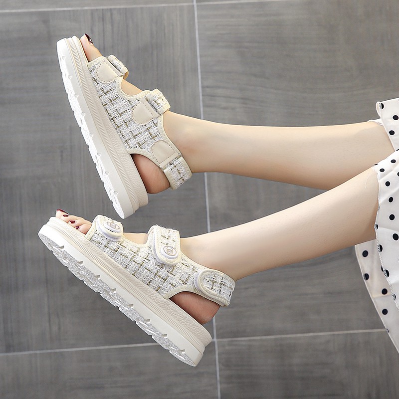 SANDAL ULZZANG C ĐẾ CAO 4CM HAI QUAI VẢI DÁN ÊM CHÂN  ẢNH THẬT