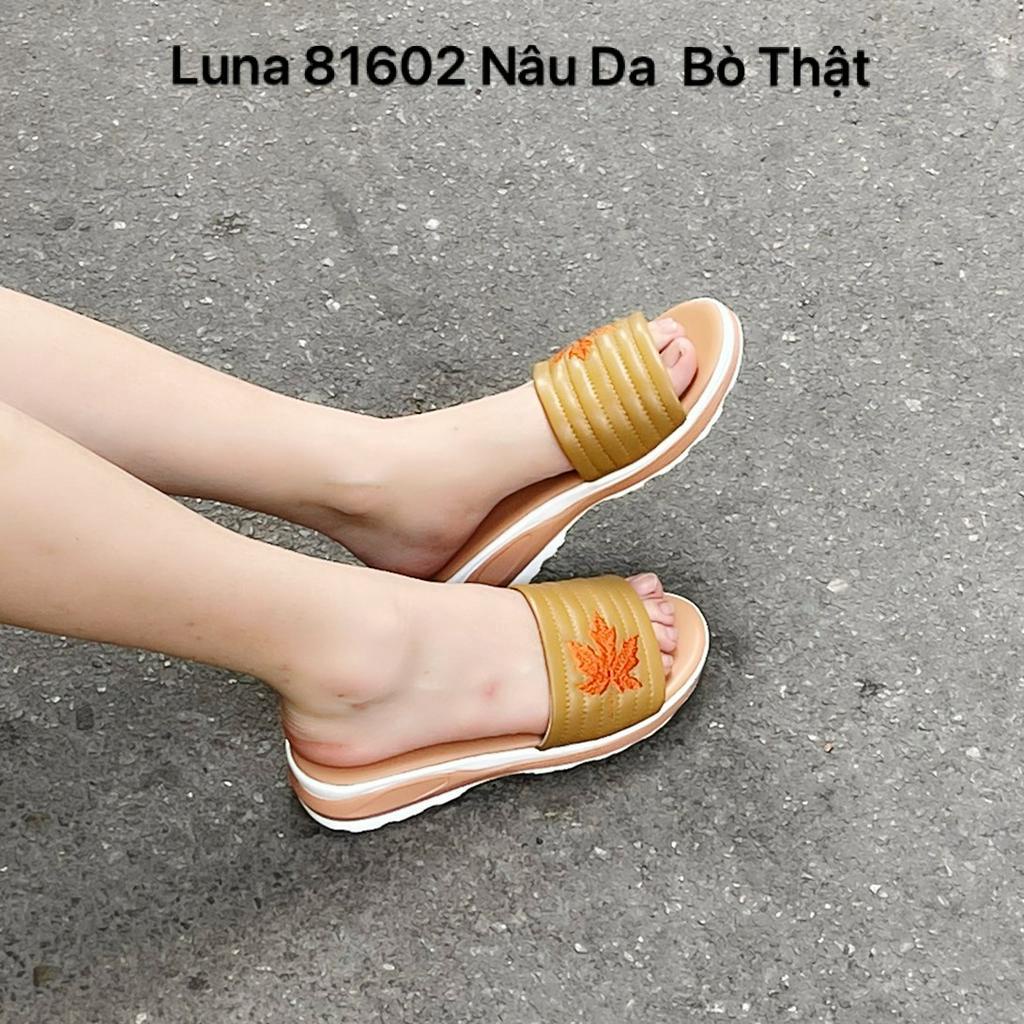 Dép nữ đế bánh mì cao 3p LUNASHOES 81602 quai ngang da bò thật êm chân hở mũi họa tiết hoa lá phối đồ đẹp