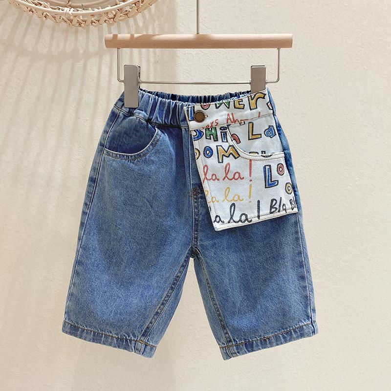 Quần Short Jean Mỏng Dáng Rộng In Chữ Kiểu Hàn Quốc Thời Trang Mùa Hè Mới Cho Bé Trai