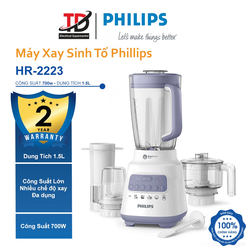 Máy Xay Sinh Tố Philips HR2223 - 3 Cối + 1 Lõi Ép - Công Suất 700W Xay Được Đá, Hạt - Bảo Hành Chính Hãng 2 Năm