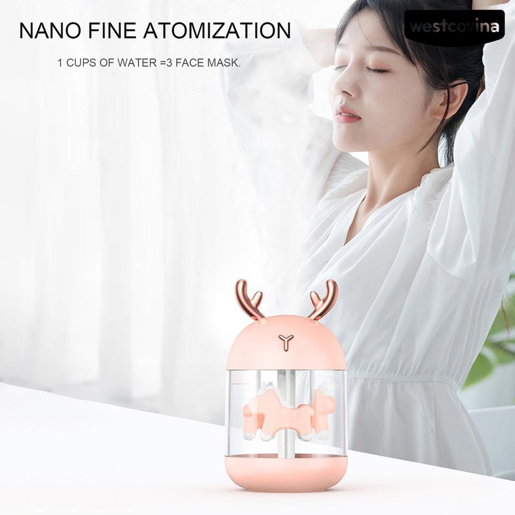 Máy tạo độ ẩm không khí kiểu tai thỏ/ sừng tuần lộc dễ thương kèm đèn LED tiện lợi