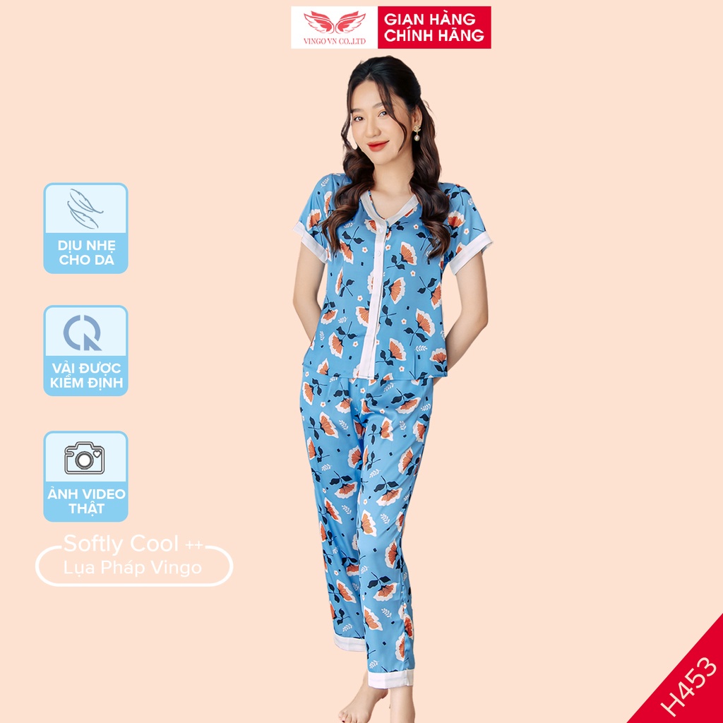 Đồ Bộ Ngủ Nữ Pijama Mặc Nhà VINGO Lụa Pháp Cao Cấp Tay Cộc Quần Dài Cổ Cách Điệu Họa Tiết Hoa Nền Xanh H453 VNGO