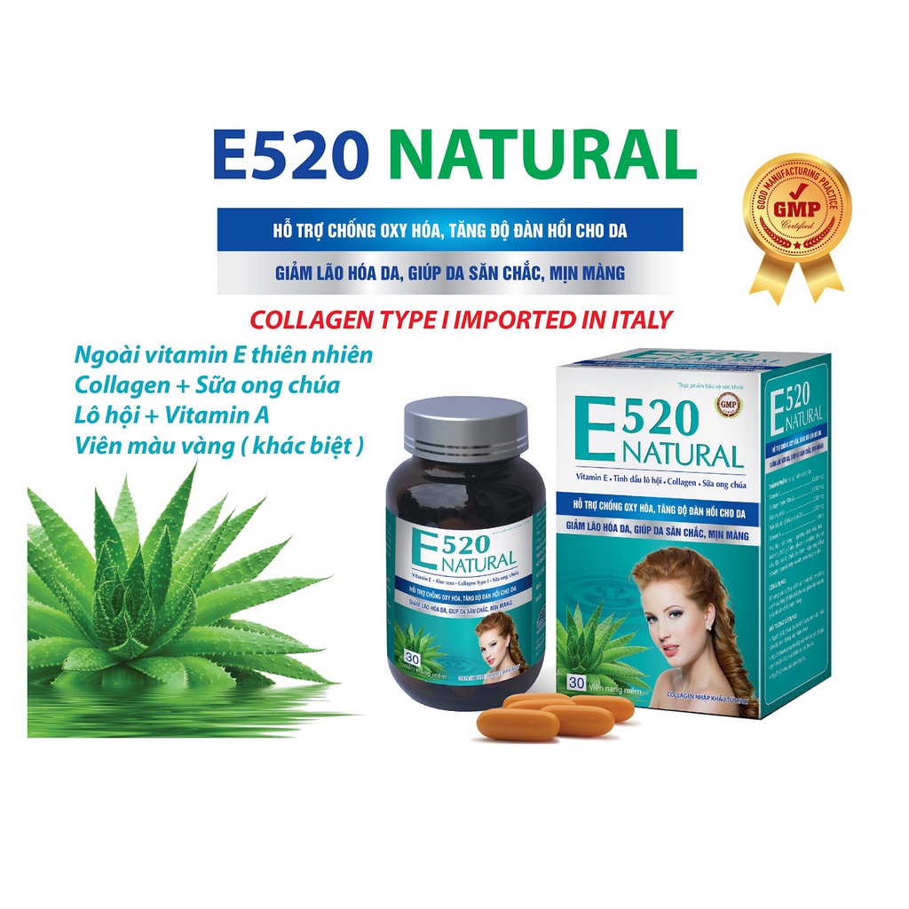 Viên Uống Bổ Sung Vitamin E - Đẹp Da - Mờ Nám - Sáng Da - E520 Natural - Collagen - Sữa Ong Chúa - Lô Hội - Lọ 30 Viên