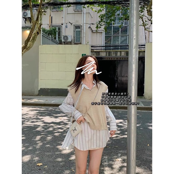 Set áo sơ mi sọc kèm ghile kem