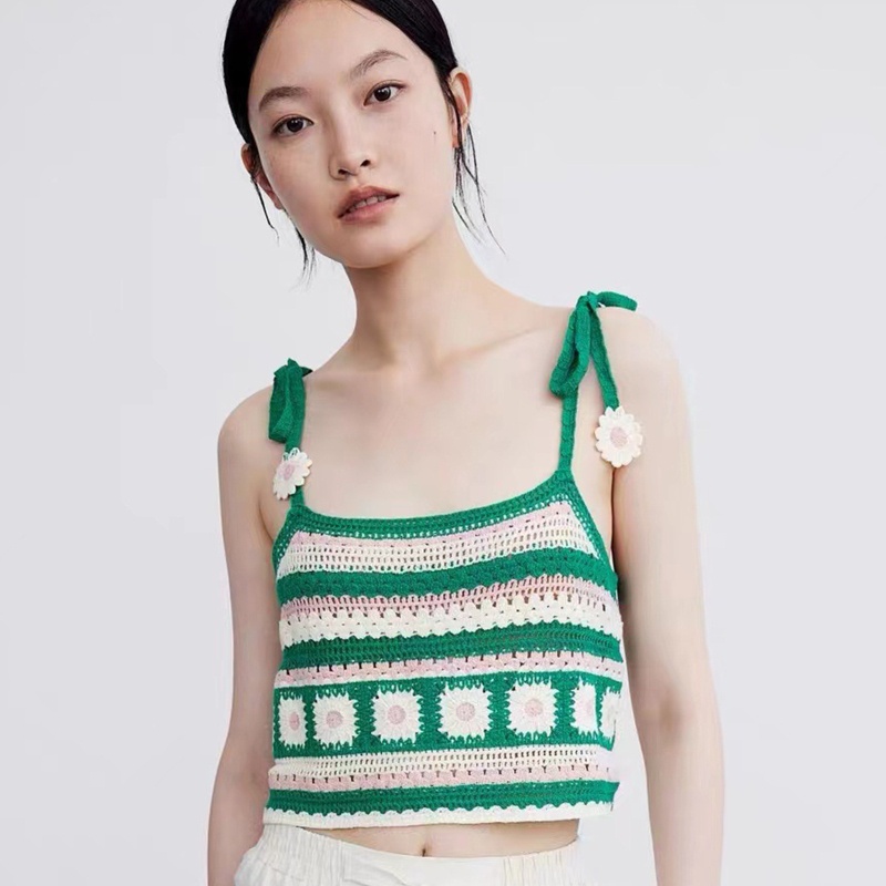 Xiangbao Áo Croptop Dệt Kim Họa Tiết Hoa Sọc Rỗng Đan Dây Buộc Cổ Cho Nữ