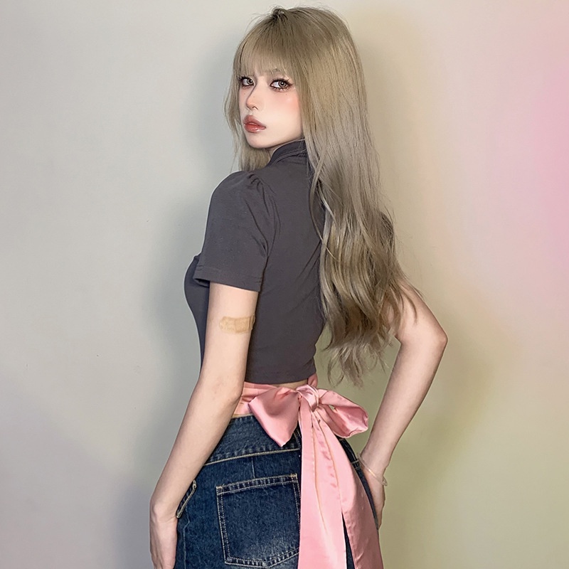 Áo Thun Tay Ngắn Cổ Polo Thêu Chữ Phối Dây Ruy Băng Thắt Nơ Thời Trang Cho Nữ
