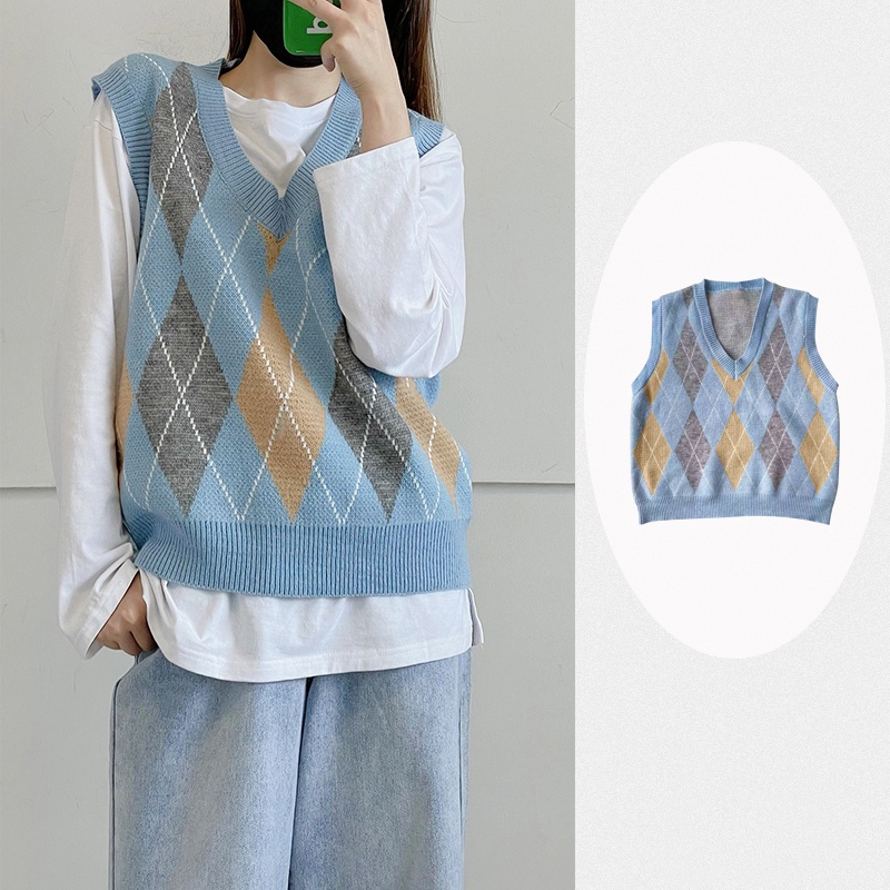 Áo gile len cổ V kẻ ô quả trám ulzzang phong cách Hàn Quốc vintage