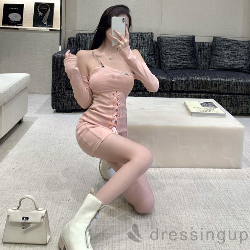 Đầm Mini Dài Tay Trễ Vai Phối Dây Xích Gợi Cảm Cho Nữ