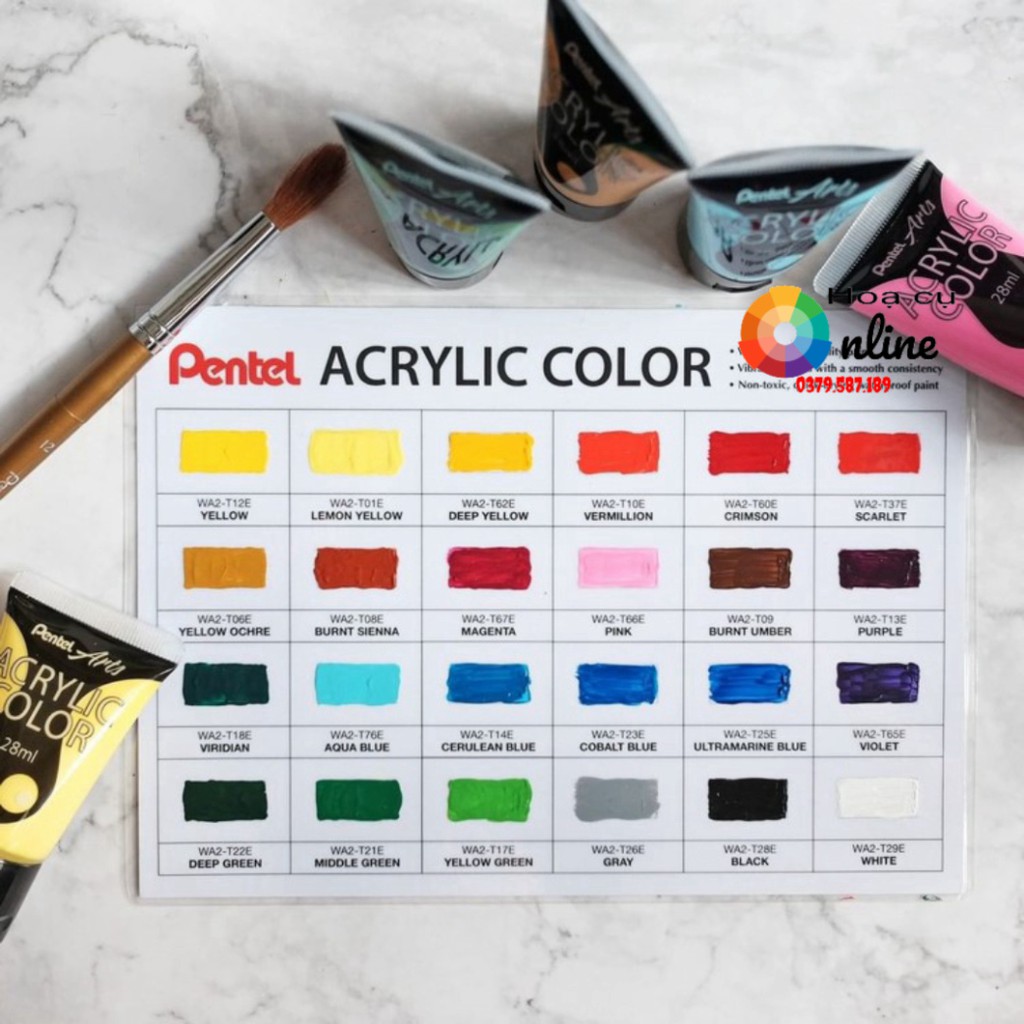 Bộ 12 Tuýp Màu Vẽ Acrylic Pentel WA2-12E-28ml - Họa cụ online