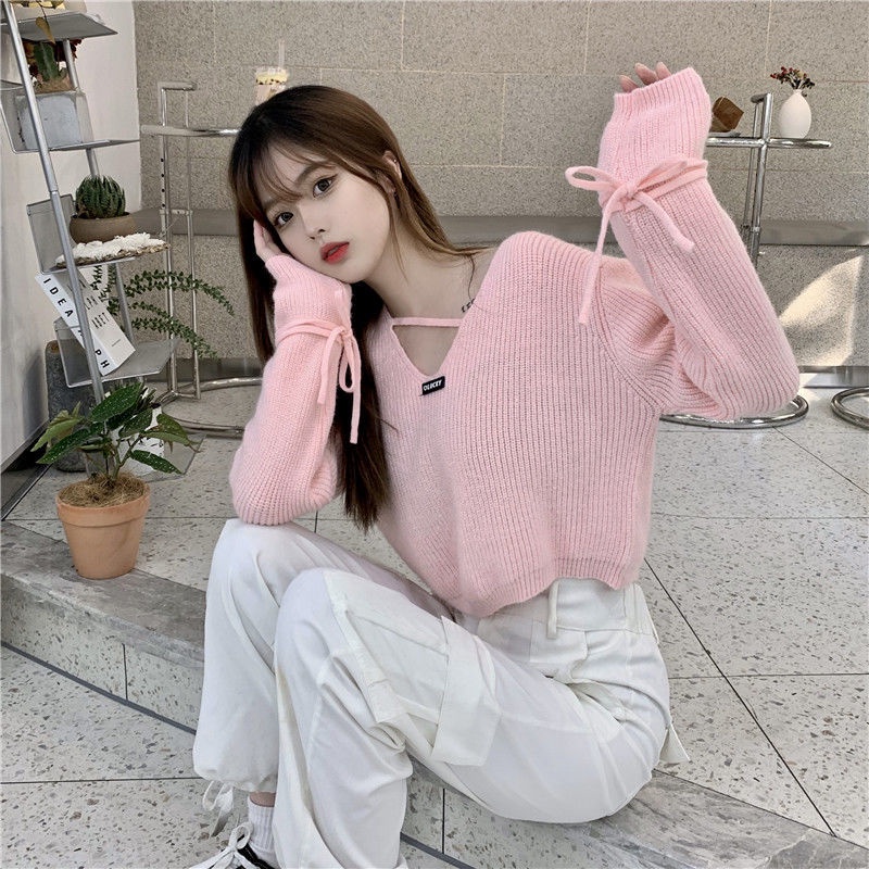 Áo Nữ Dệt Kim Tay Dài Cổ Chữ V Thời Trang Cá Tính